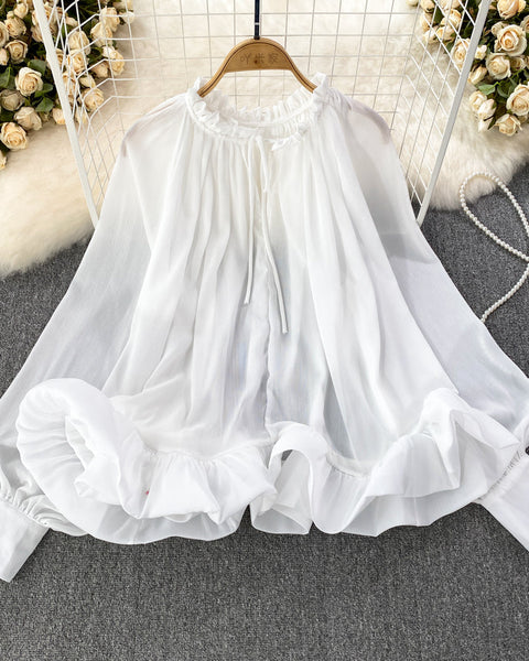 Yuvarlak Yaka Volanlı Şifon Bluz