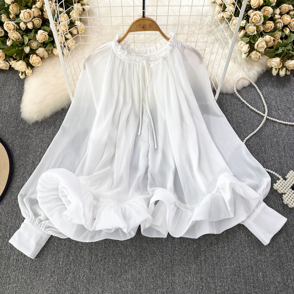 Yuvarlak Yaka Volanlı Şifon Bluz