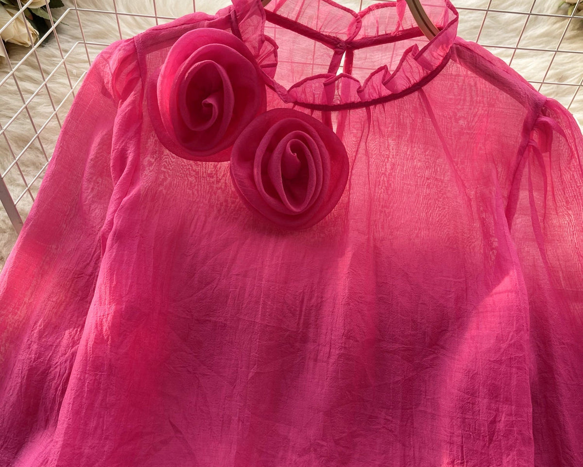 3D Çiçekli Stand Yaka Şifon Gömlek