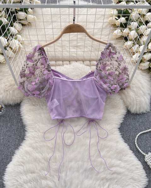 3D Çiçekli Nakışlı File Üst