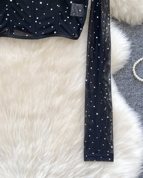 Kristal Taşlı Siyah File Üst