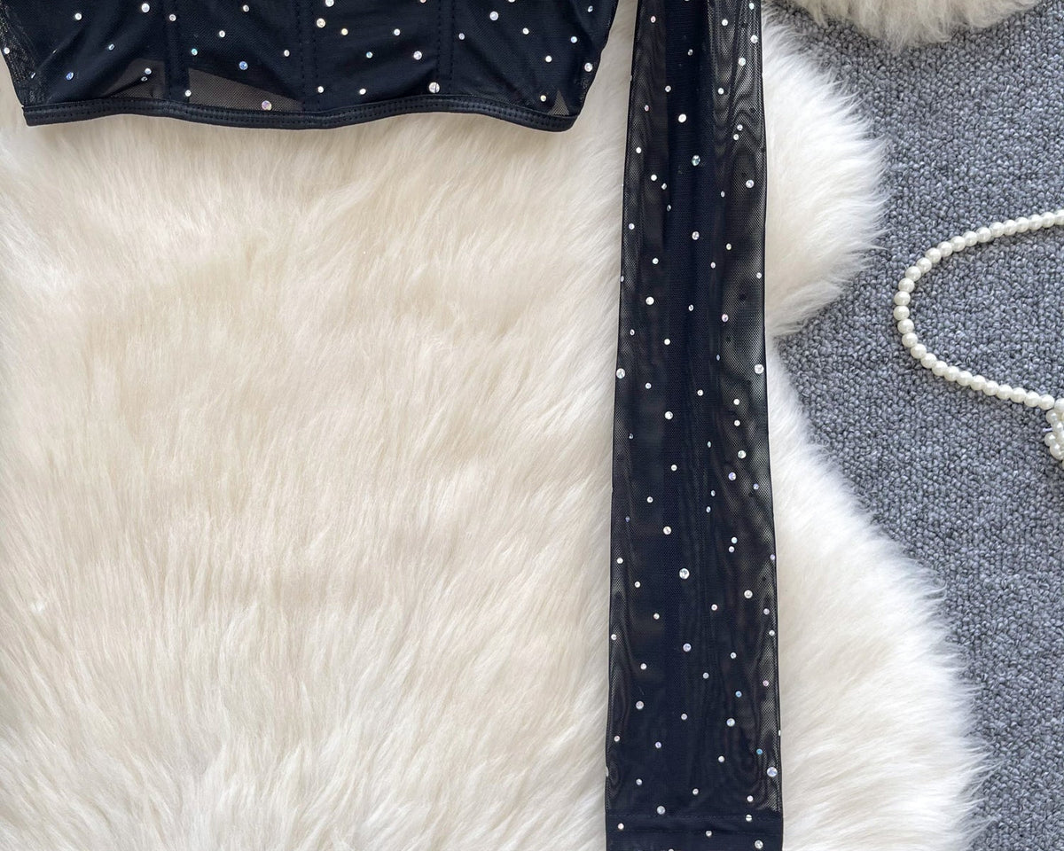 Kristal Taşlı Siyah File Üst