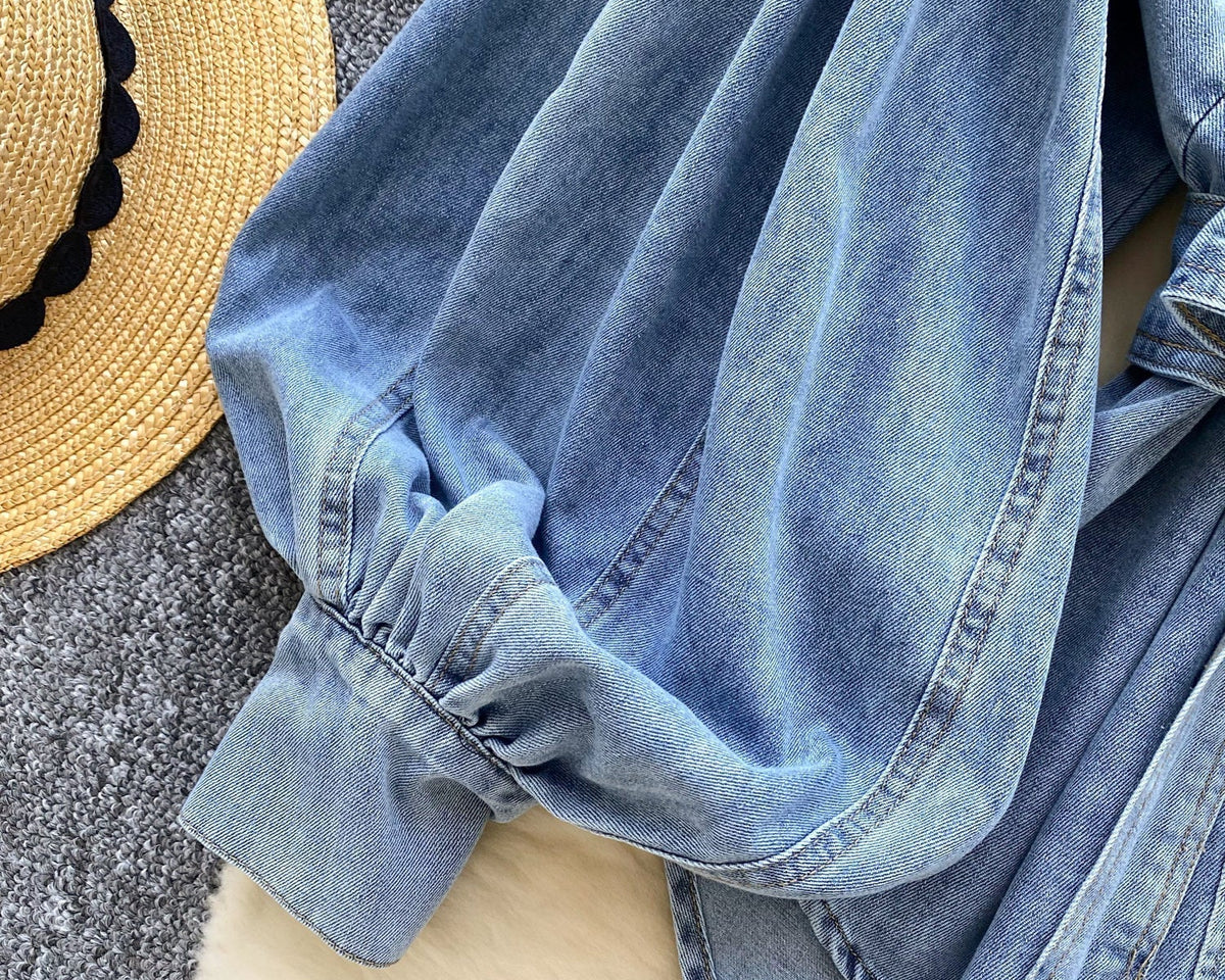 Vintage Düz Yaka Kemerli Kot Gömlek