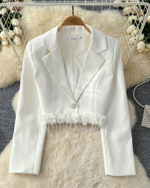 Fransız Tarzı Çiçek Desenli Kısa Blazer