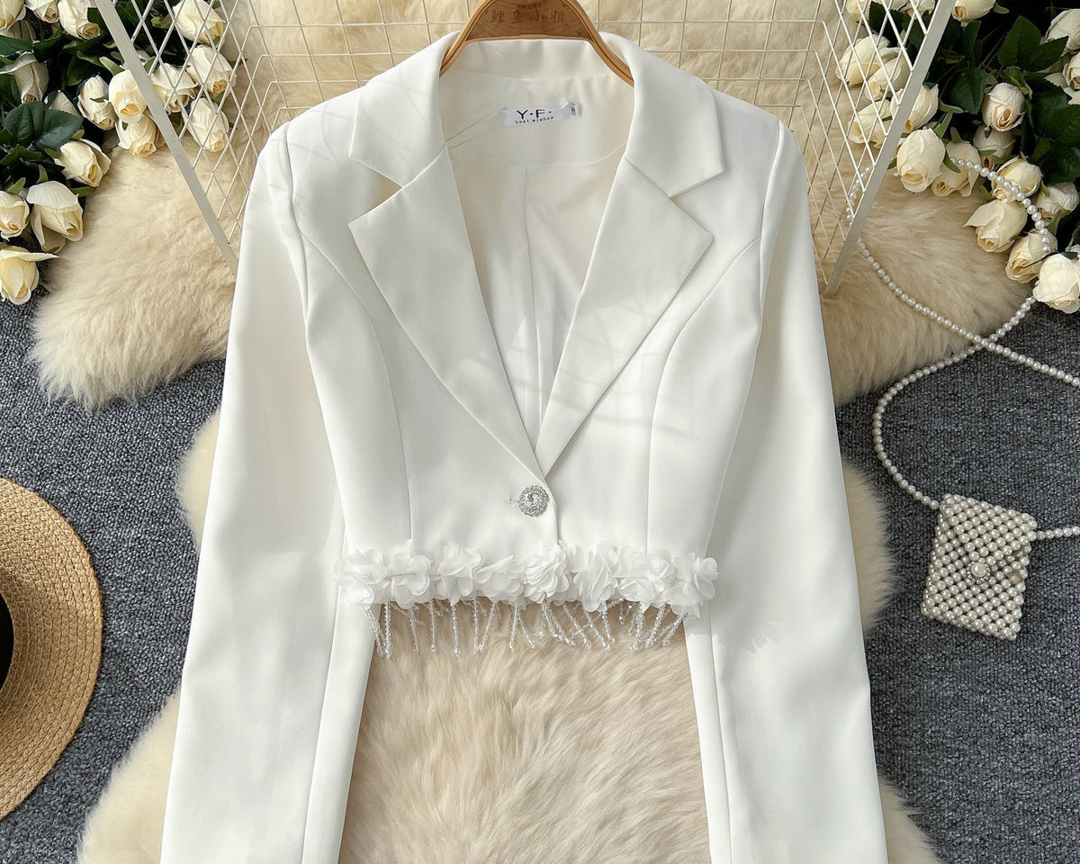 Fransız Tarzı Çiçek Desenli Kısa Blazer