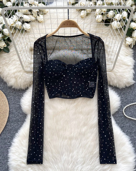 Kristal Taşlı Siyah File Üst