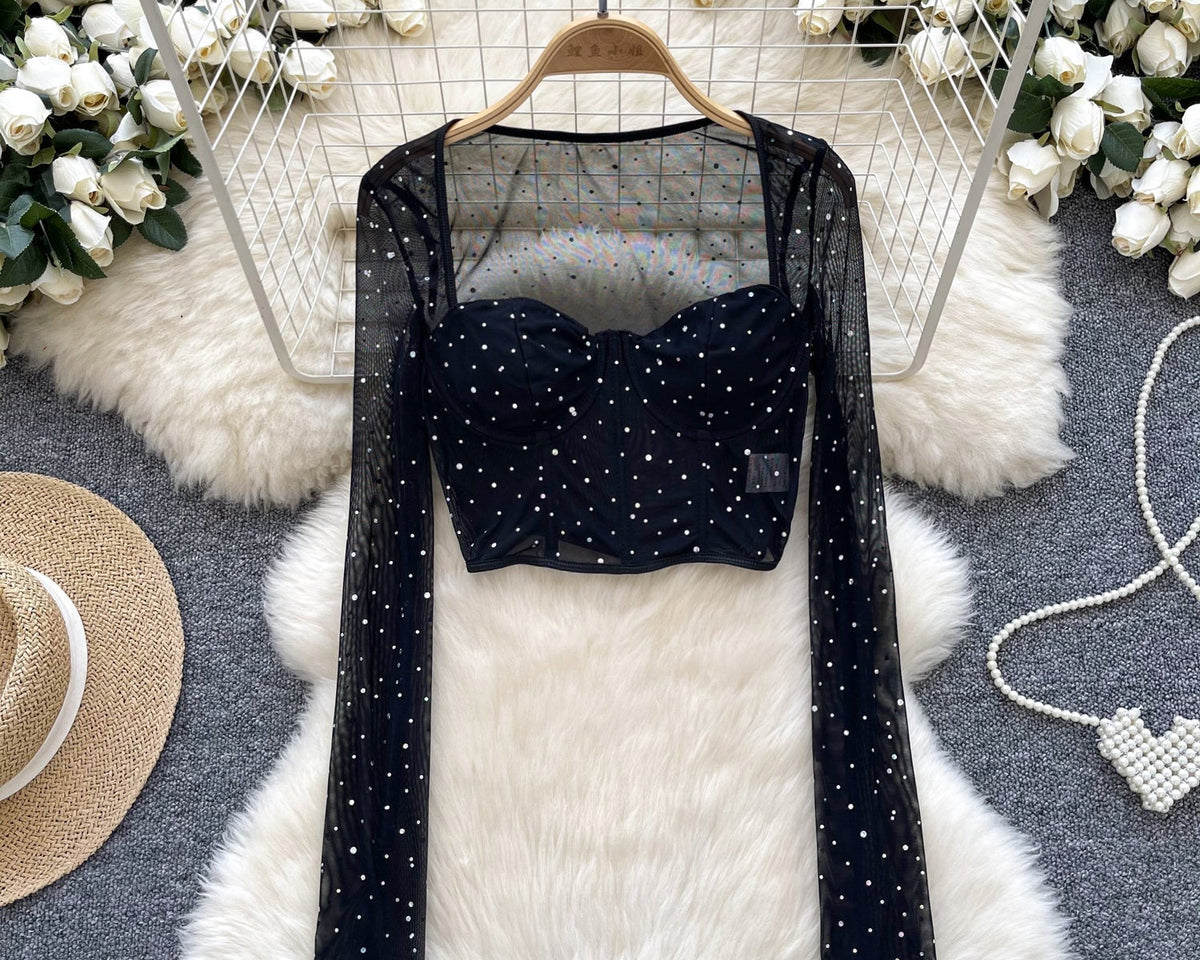 Kristal Taşlı Siyah File Üst