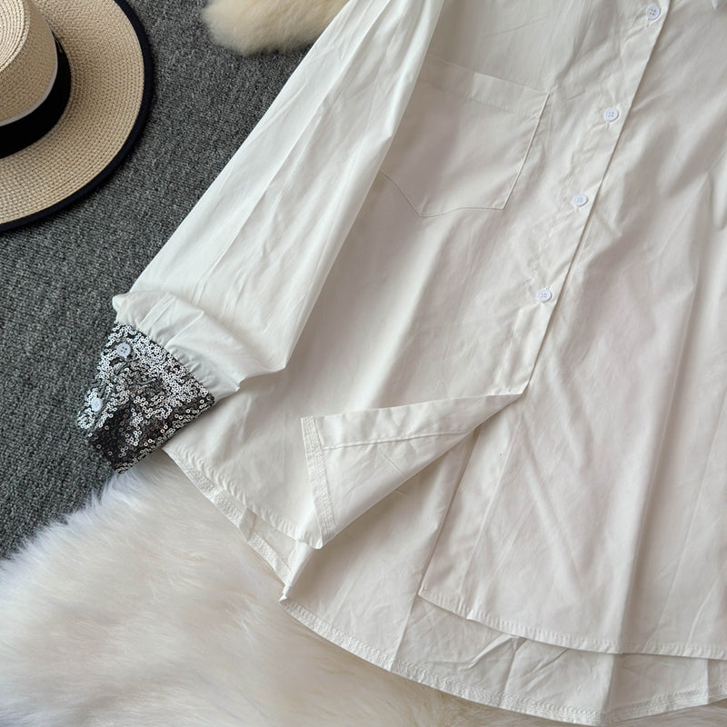 Çiçek Desenli Manşetli Patchwork Beyaz Gömlek