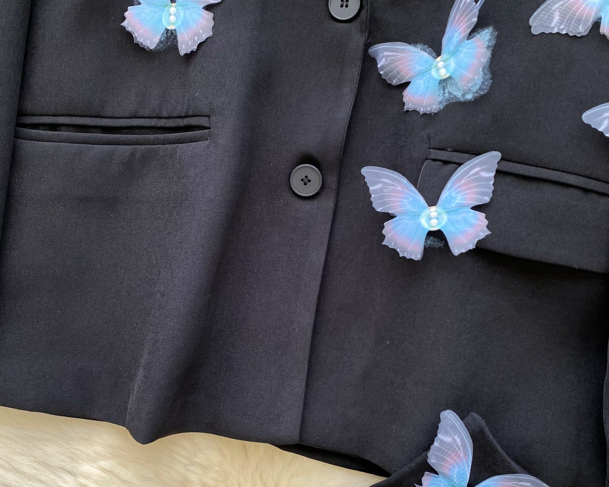 3D Mavi Kelebek Siyah Blazer