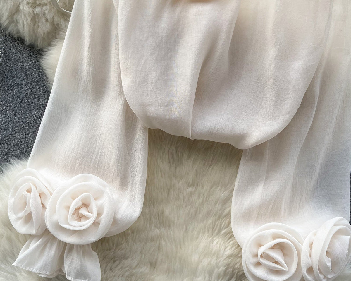 3D Çiçekli Stand Yaka Şifon Gömlek