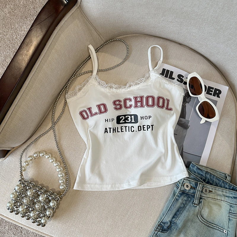 Vintage Dantel Kenar Baskılı Atlet