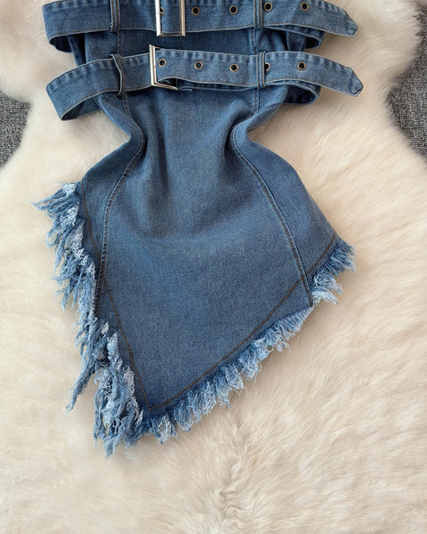 Düzensiz Tasarım Kabarık Denim Sıfır Yaka Bluz