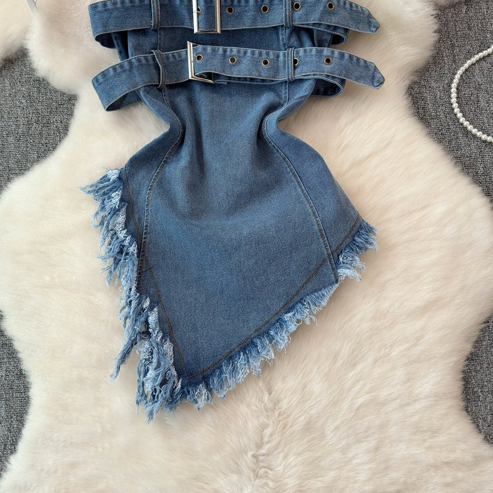 Düzensiz Tasarım Kabarık Denim Sıfır Yaka Bluz