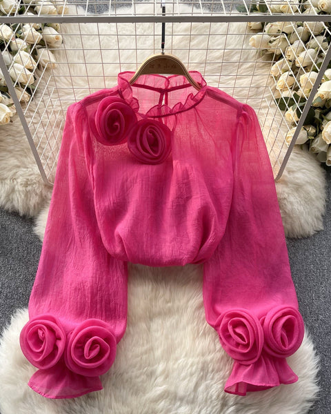 3D Çiçekli Stand Yaka Şifon Gömlek