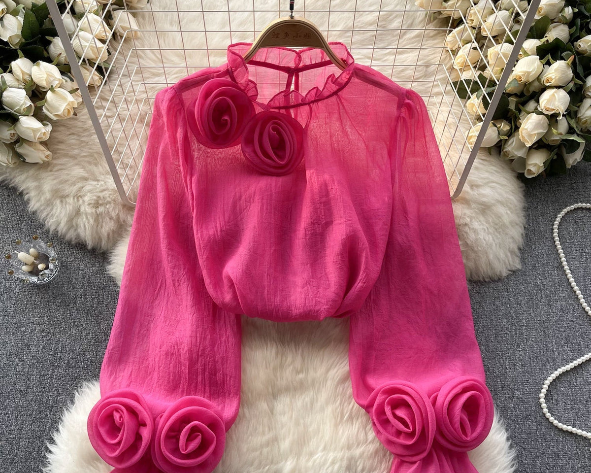 3D Çiçekli Stand Yaka Şifon Gömlek