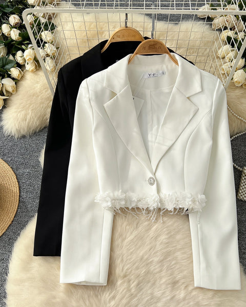 Fransız Tarzı Çiçek Desenli Kısa Blazer