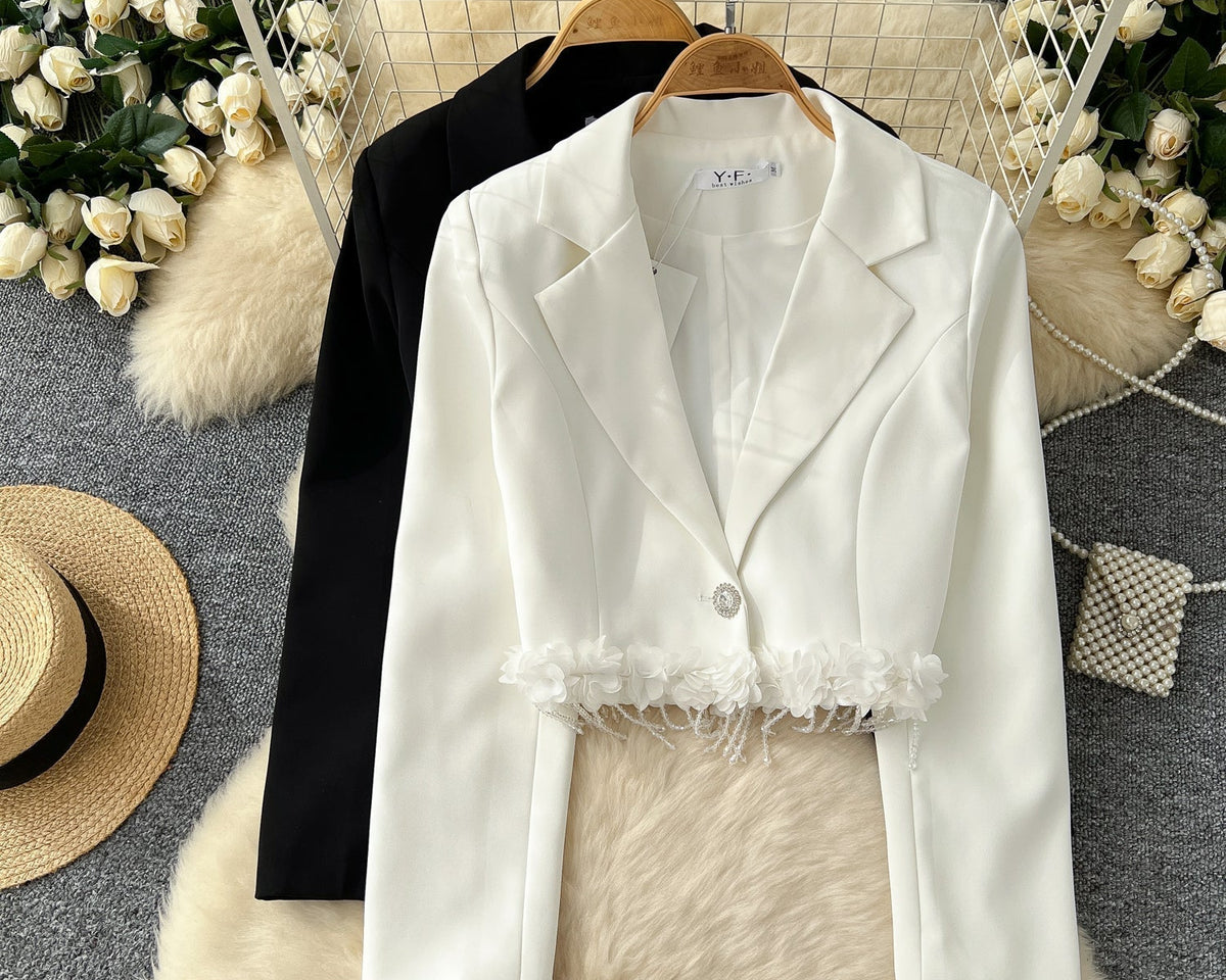 Fransız Tarzı Çiçek Desenli Kısa Blazer