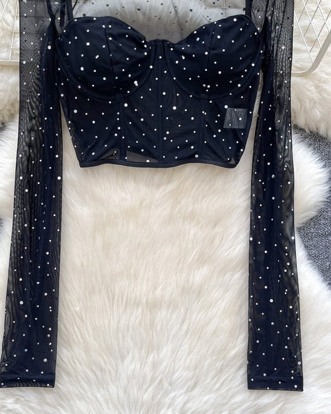 Kristal Taşlı Siyah File Üst