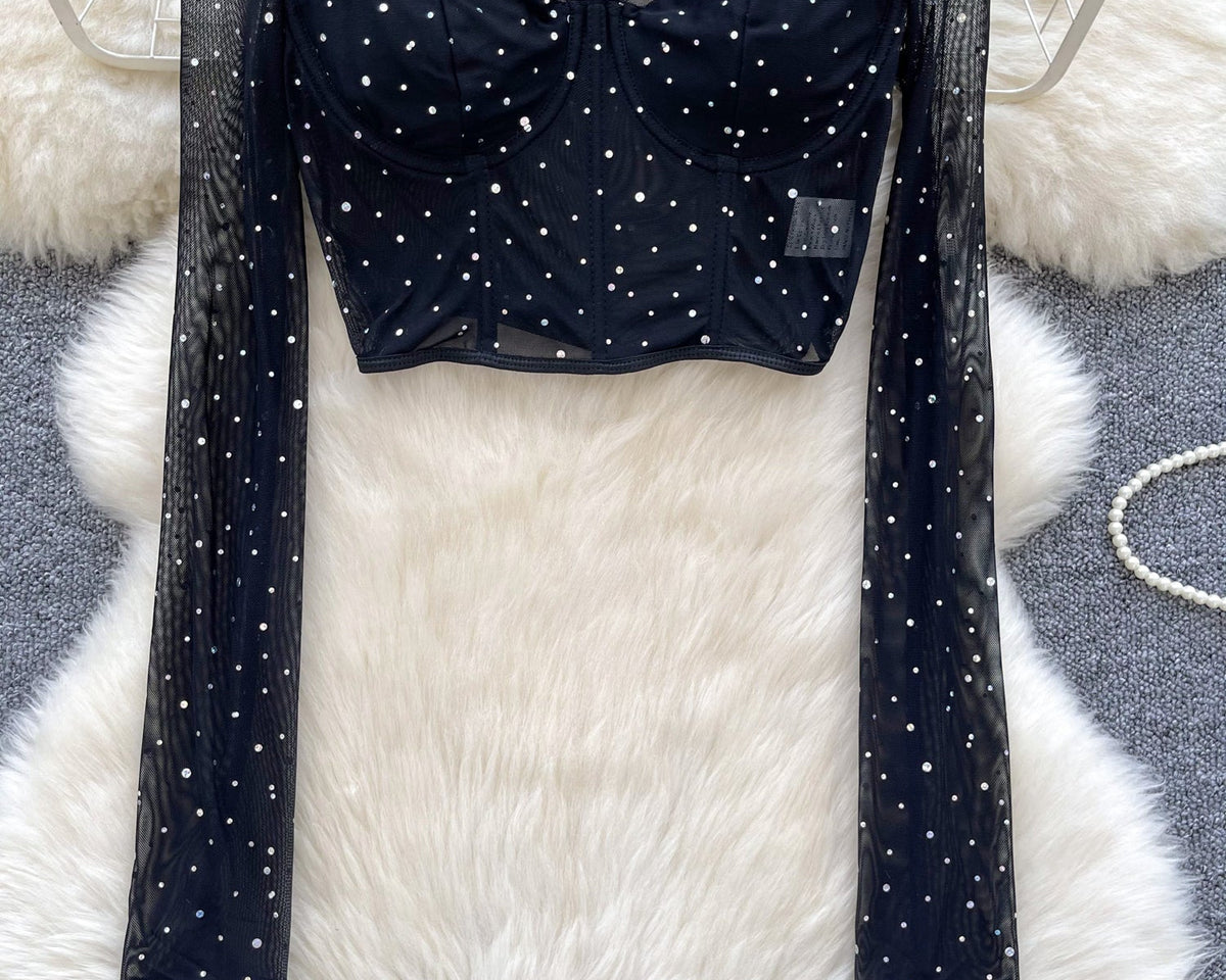 Kristal Taşlı Siyah File Üst