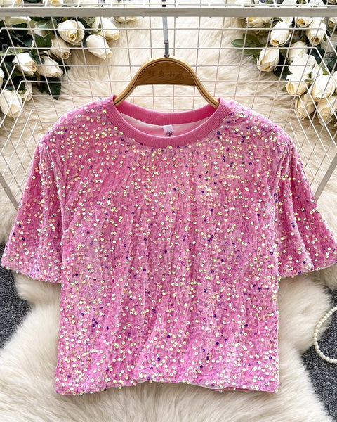 Crew Neck Payetli Kısa Tişört