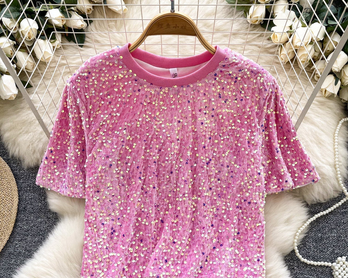 Crew Neck Payetli Kısa Tişört