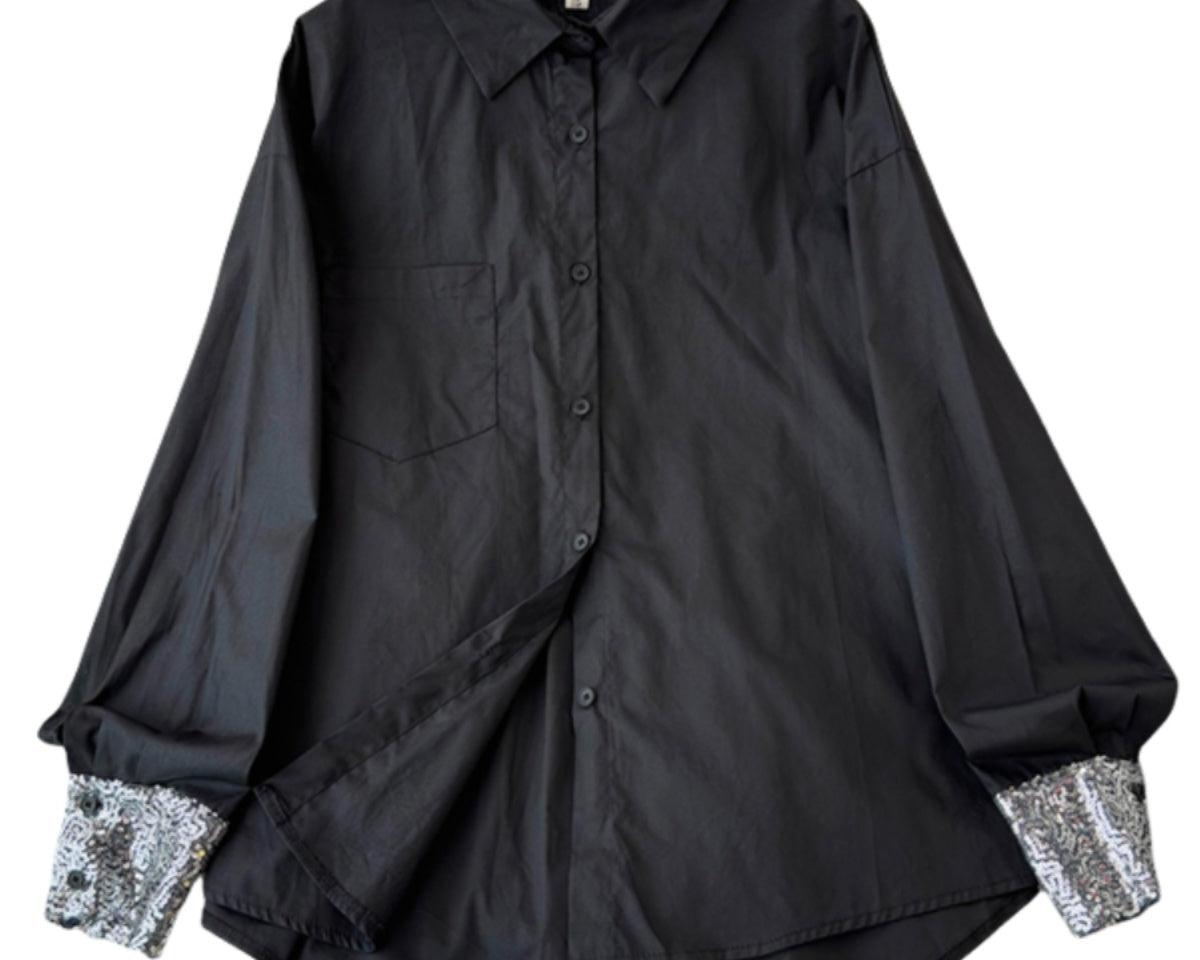 Çiçek Desenli Manşetli Patchwork Beyaz Gömlek