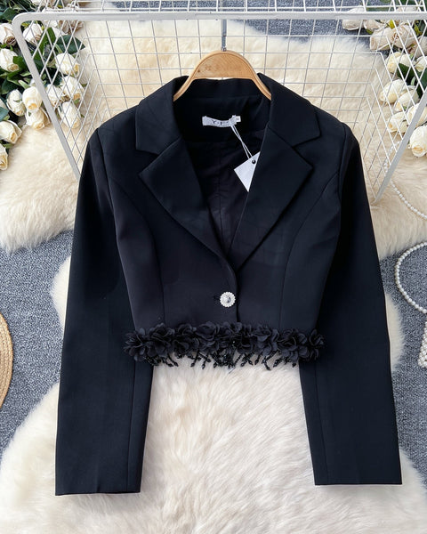 Fransız Tarzı Çiçek Desenli Kısa Blazer