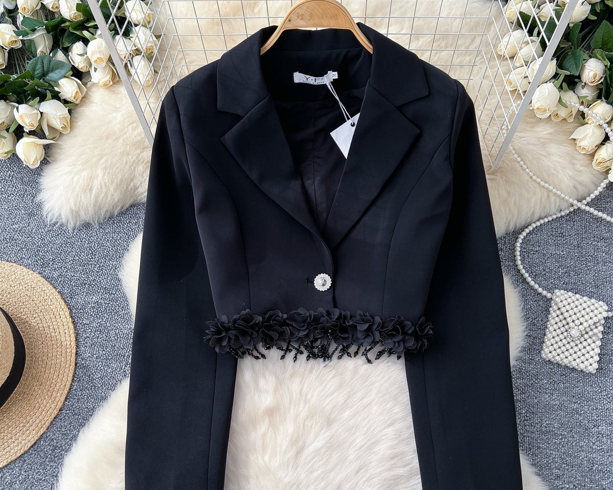 Fransız Tarzı Çiçek Desenli Kısa Blazer