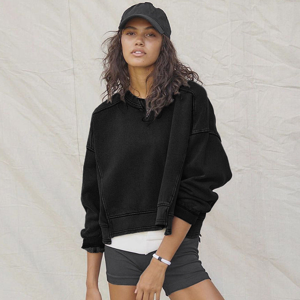 Bol Kesim Yuvarlak Yaka Patchwork Sweatshirt