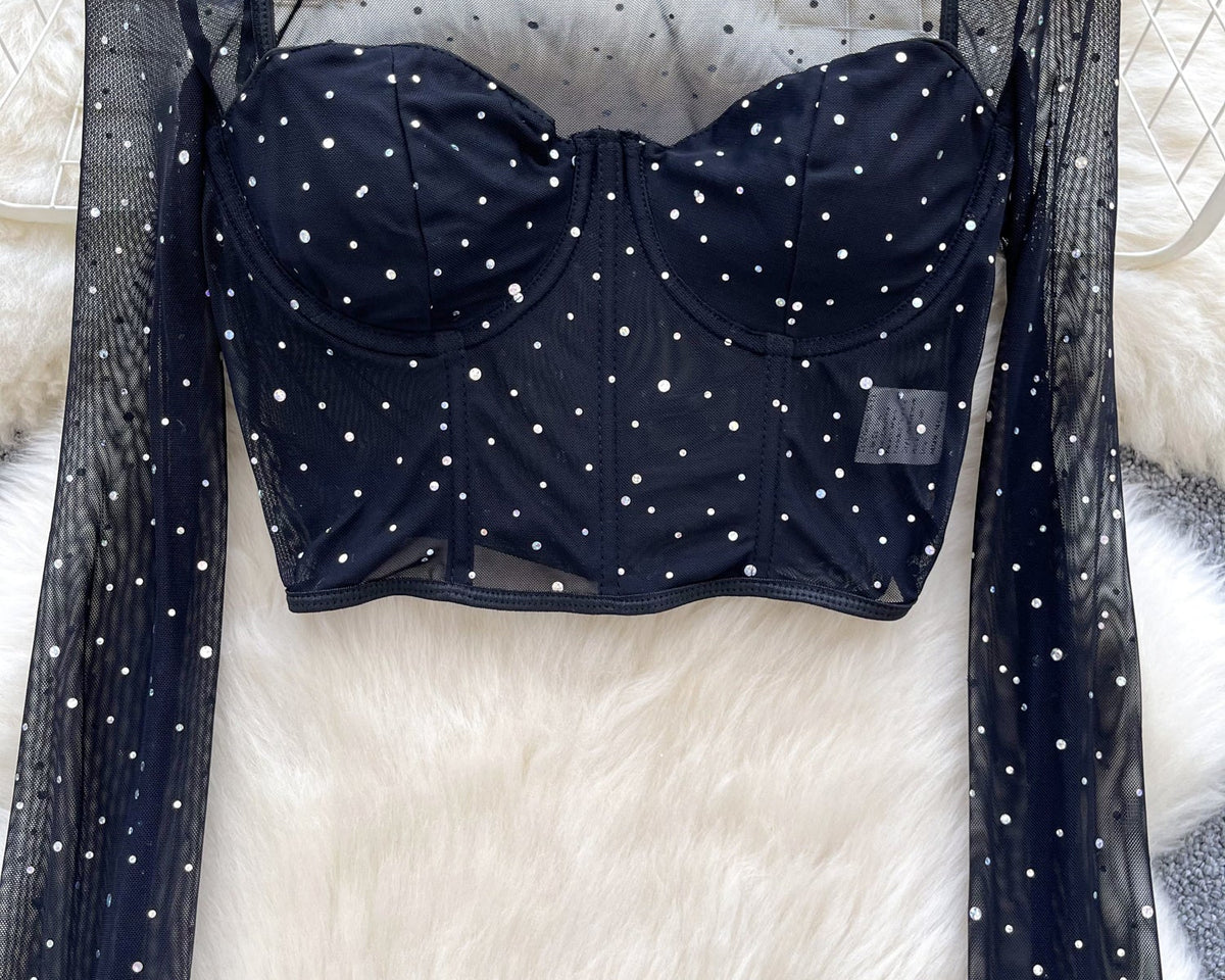 Kristal Taşlı Siyah File Üst