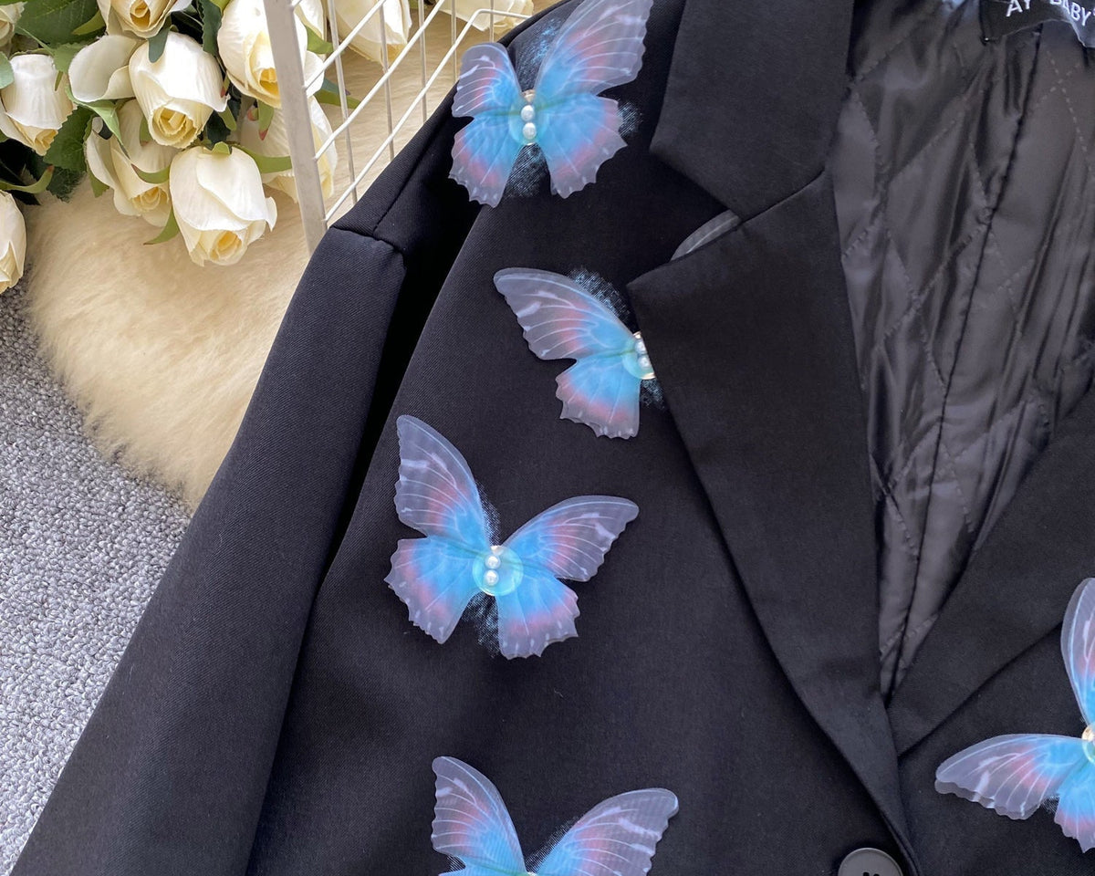 3D Mavi Kelebek Siyah Blazer