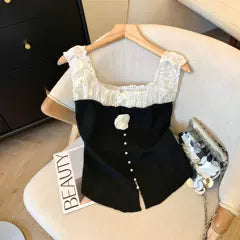 3D Çiçek Desenli Dantel Patchwork Üst