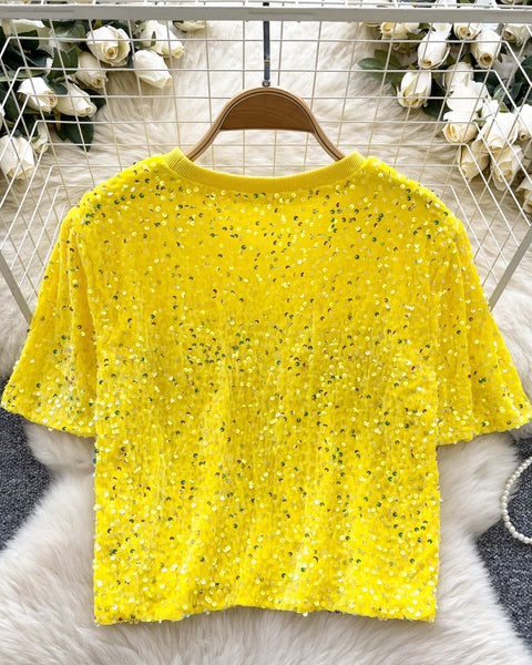 Crew Neck Payetli Kısa Tişört