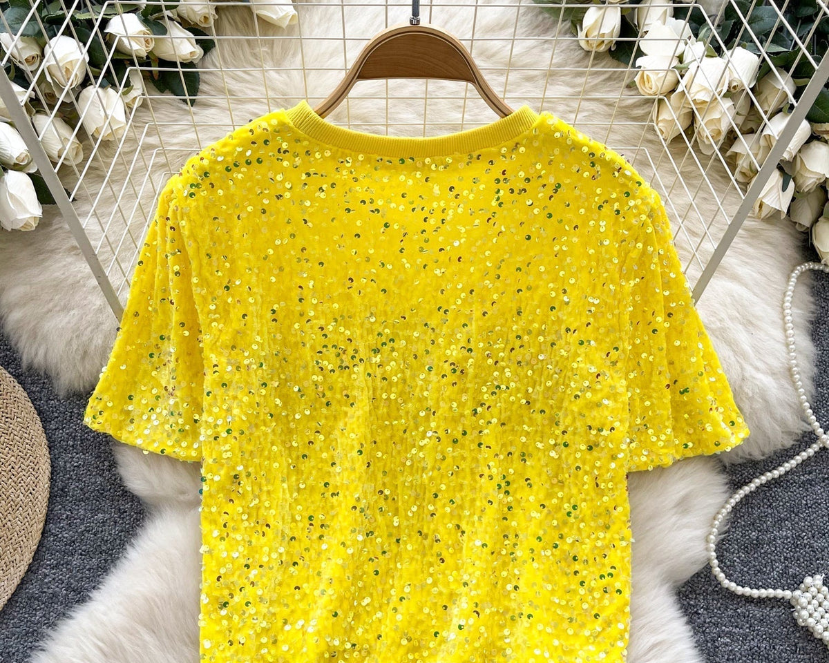 Crew Neck Payetli Kısa Tişört