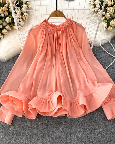 Yuvarlak Yaka Volanlı Şifon Bluz