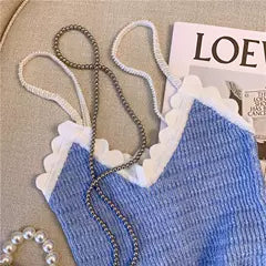 Tatlı Renk Bloklama Örgü Sıfır Kol Bluz