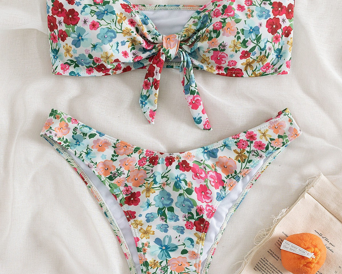 Çiçek Desenli Split Üçgen Spa Bikini