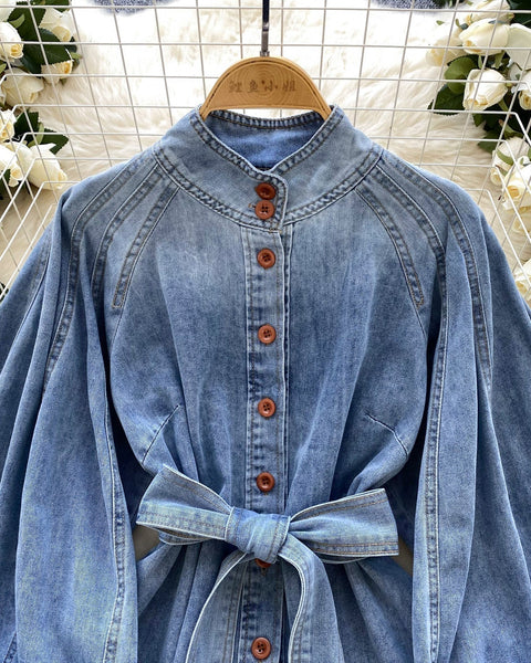 Vintage Düz Yaka Kemerli Kot Gömlek