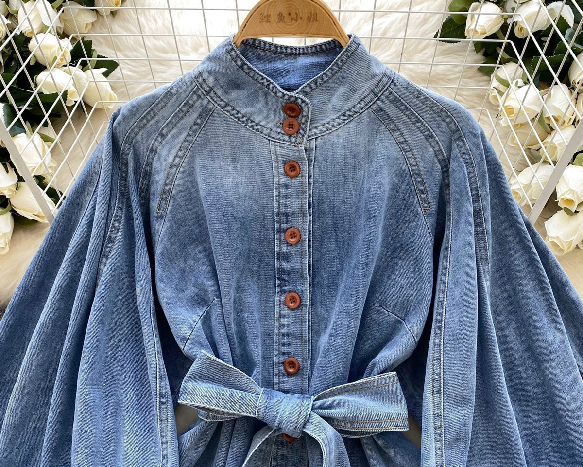 Vintage Düz Yaka Kemerli Kot Gömlek