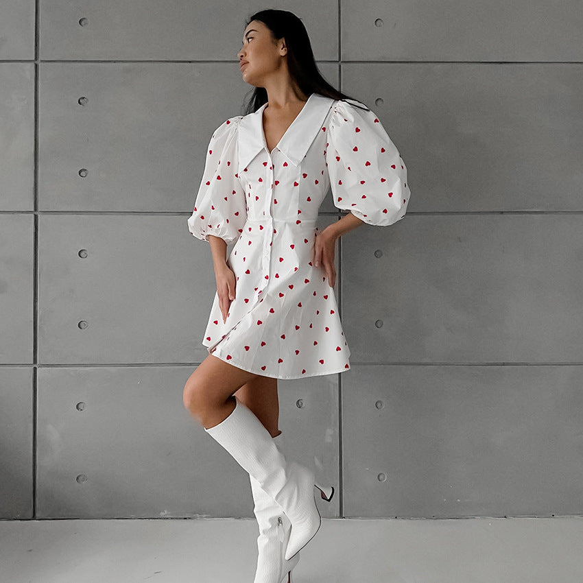 Çiçek Desenli Yüksek Bel Kısa Kollu Elbise