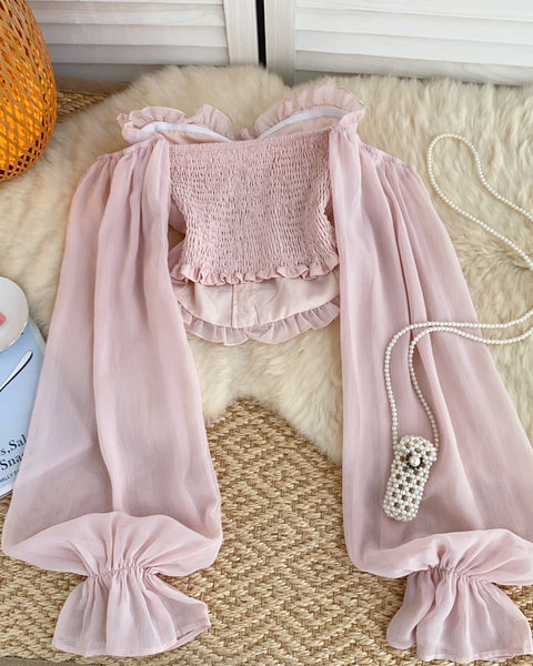 Askısız Volanlı Pembe Şifon Bluz