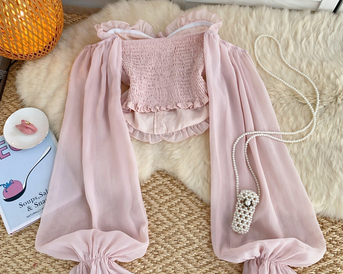 Askısız Volanlı Pembe Şifon Bluz