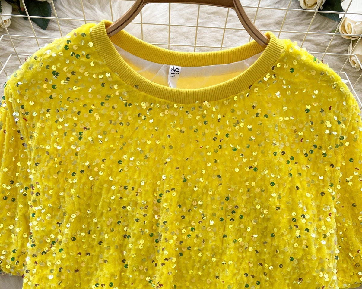 Crew Neck Payetli Kısa Tişört