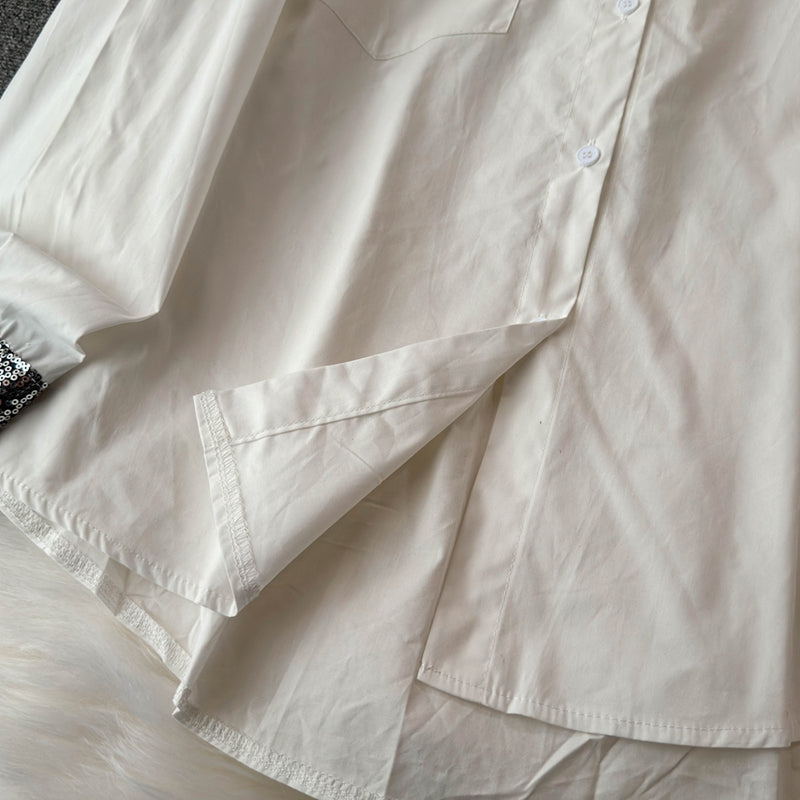 Çiçek Desenli Manşetli Patchwork Beyaz Gömlek