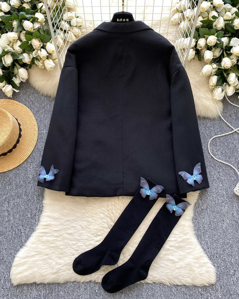 3D Mavi Kelebek Siyah Blazer
