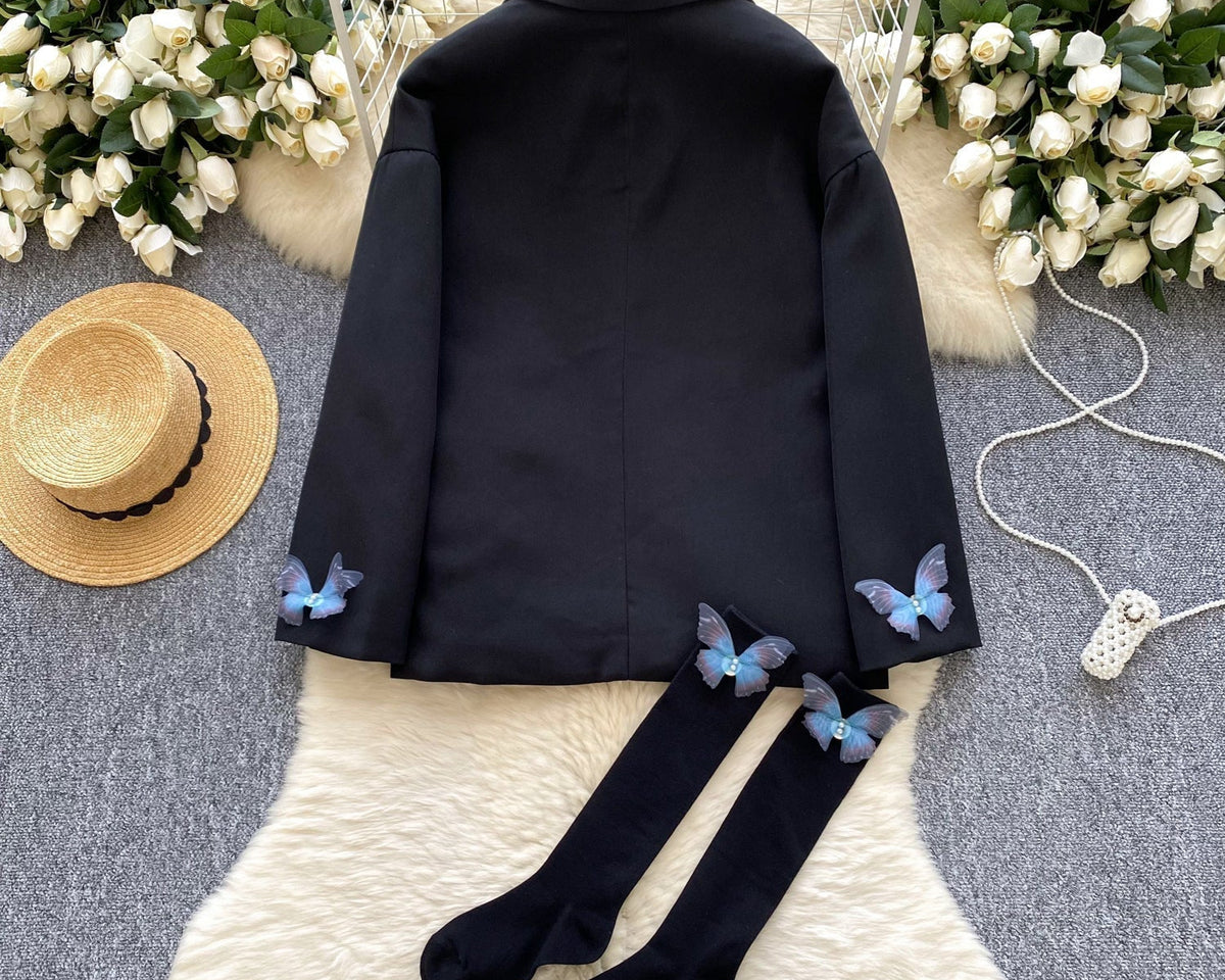 3D Mavi Kelebek Siyah Blazer