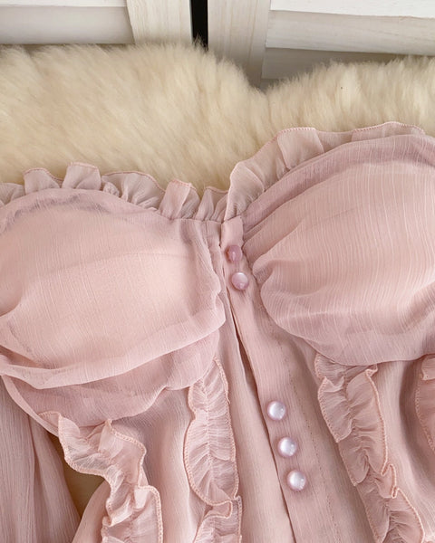 Askısız Volanlı Pembe Şifon Bluz