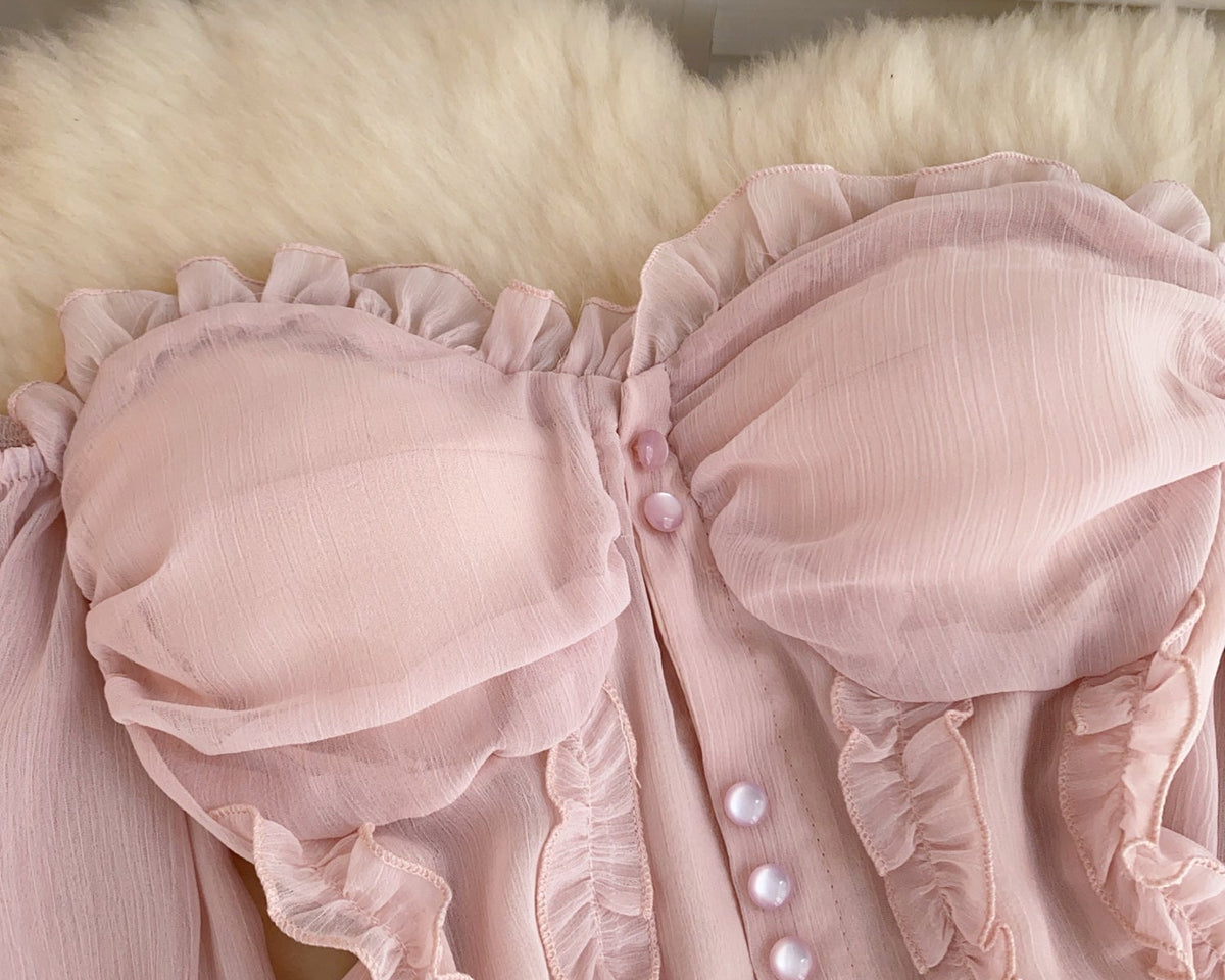 Askısız Volanlı Pembe Şifon Bluz