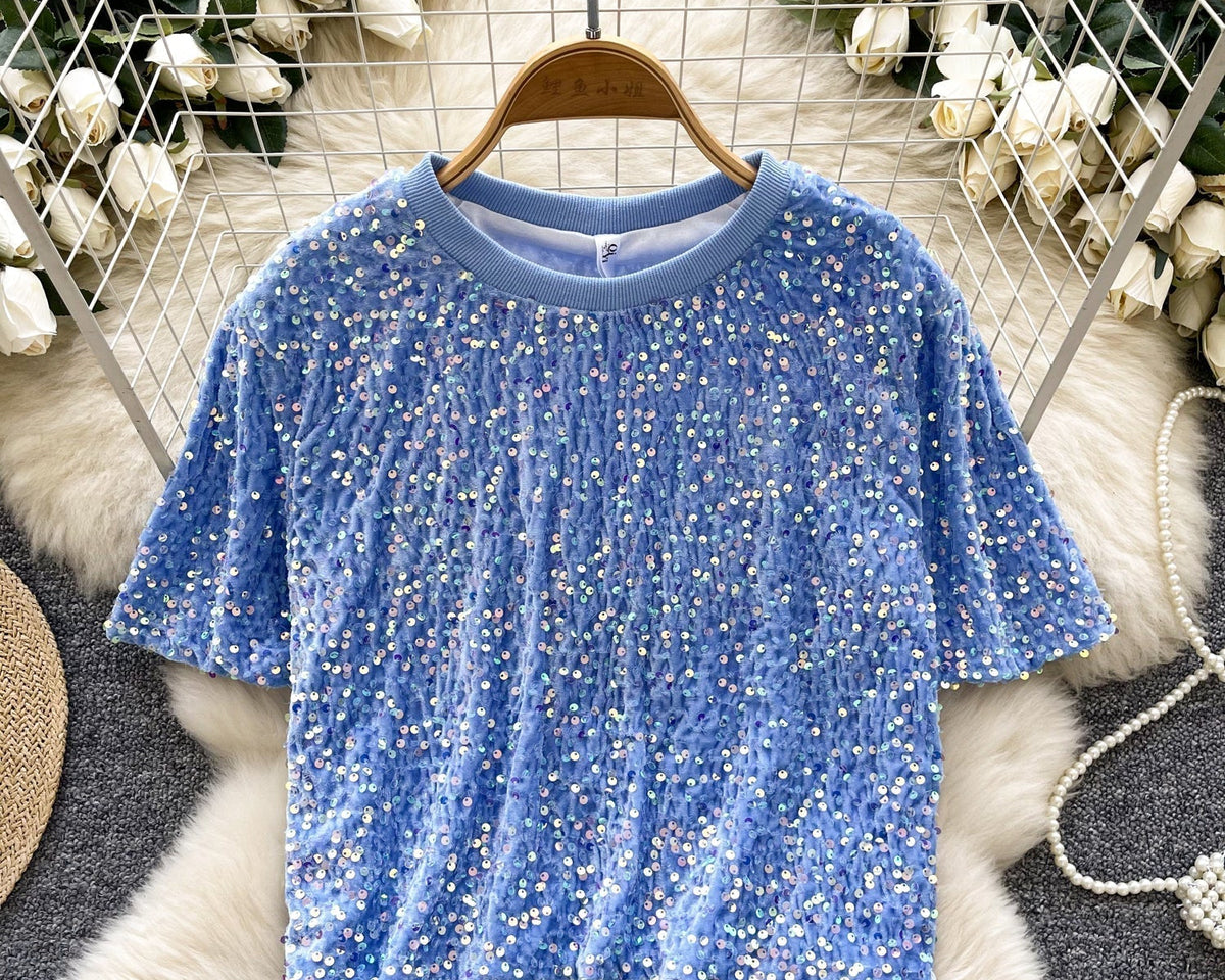 Crew Neck Payetli Kısa Tişört