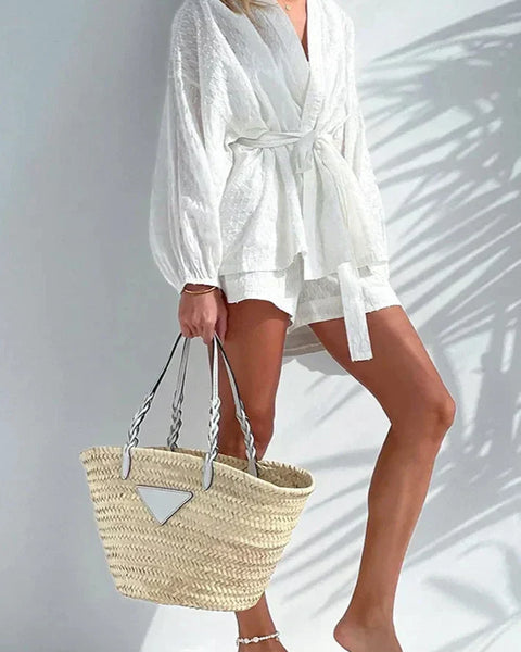 Beyaz Taşlı Bel Bandı ile İki Parçalı Set